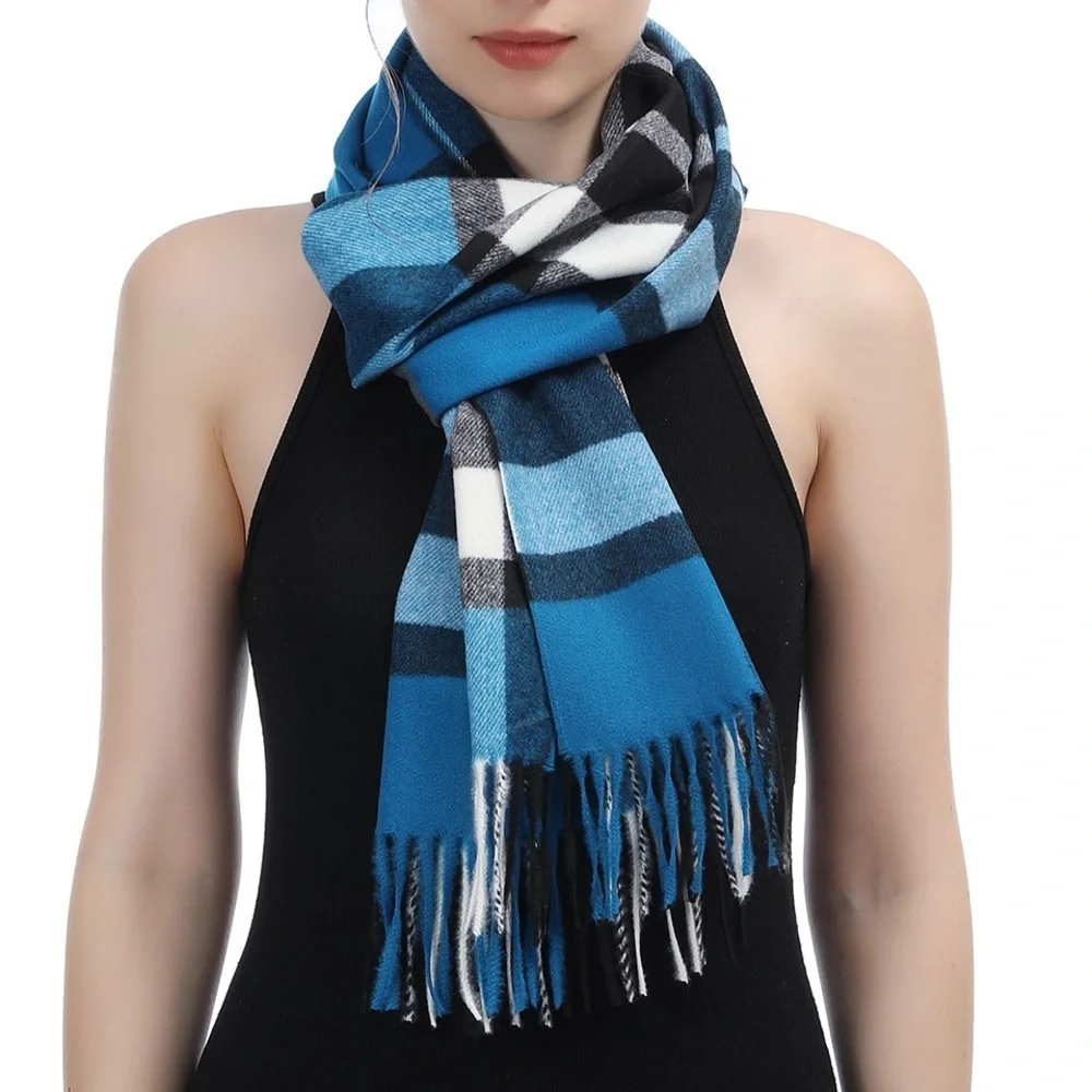 CASHMERE FEEL PLAID SCARF BLUE/WHITE